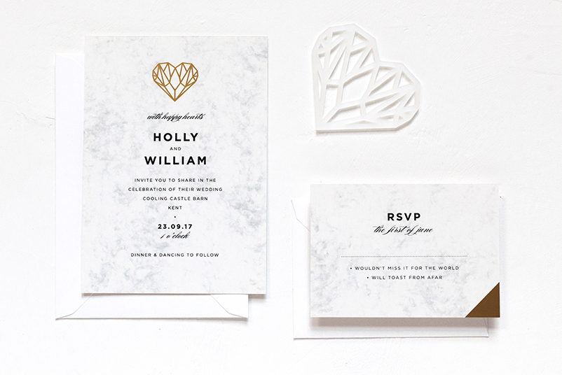 gold heart wedding invitations